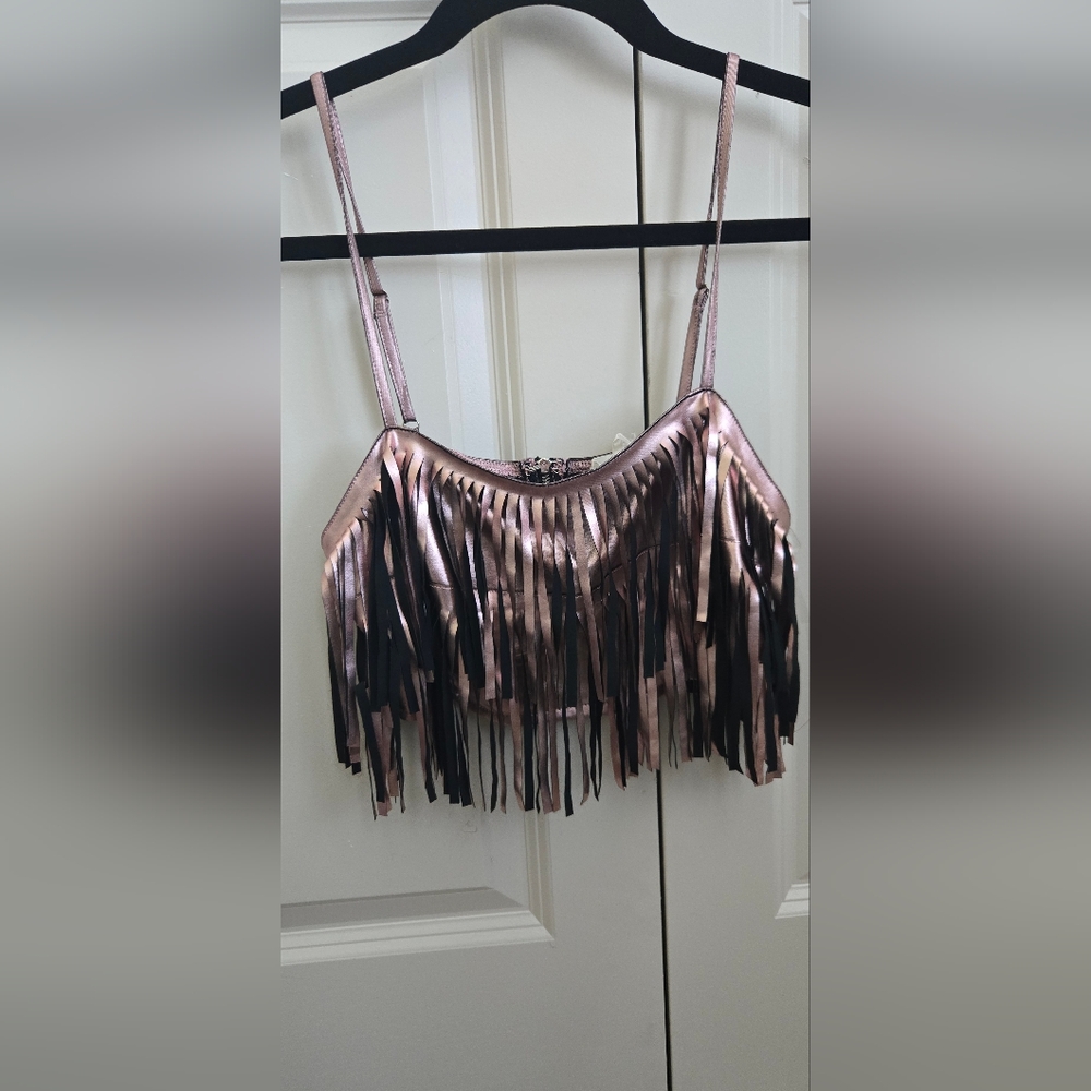 Main Strip Shimmering Rose Gold Fringe Top -NWOT